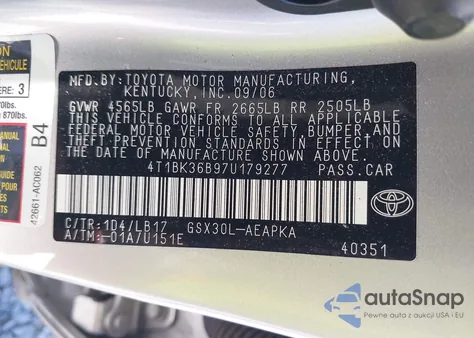 2007 Toyota Avalon Limited z USA, uszkodzony, nr VIN 4T1BK36B97U179277